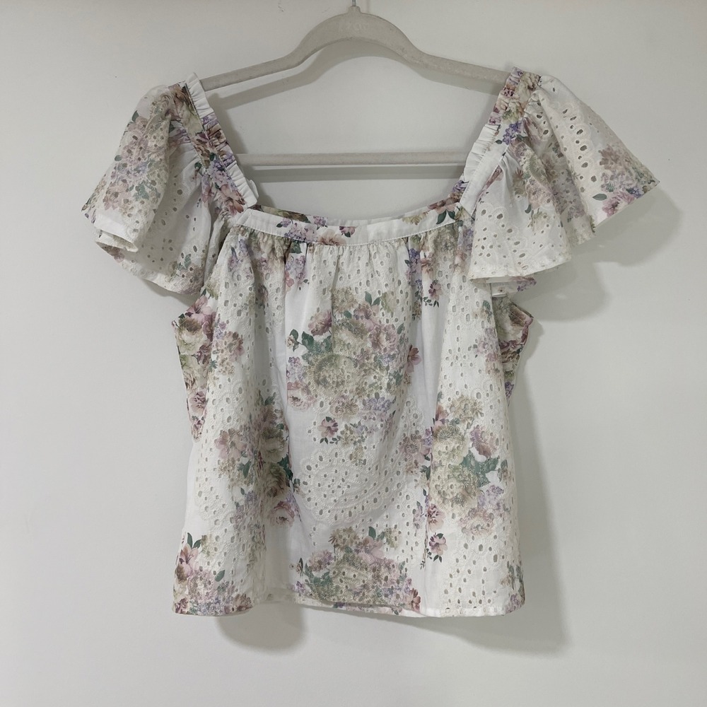 Solitaire Floral Eyelet Flutter Sleeve Top Womens Size M White Pink Cottagecore